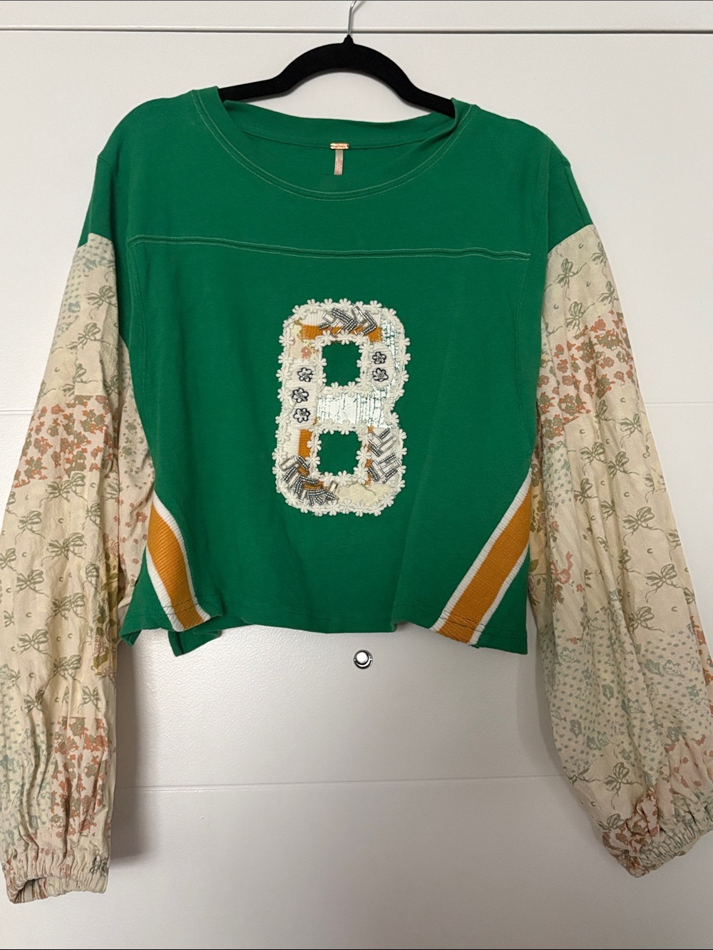 Free People Green Patch Sweatshirt with Cream Floral Balloon Sleeves